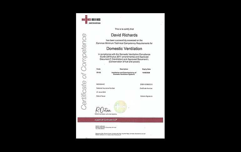 NICEIC domestic ventilation certificate of competence